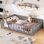 Lit double sur pied avec garde-corps et porte pour enfants, gris