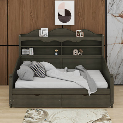 Daybed Frame With Storage Drawers & Shelving Headboard, Retro Style Wooden Bed Frame