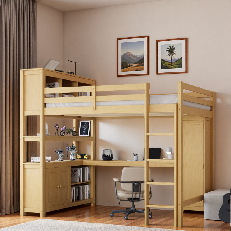 Harriet Bee Wood Loft Bed With Cabinet, Bookshelf, Wardrobe And Desk ...
