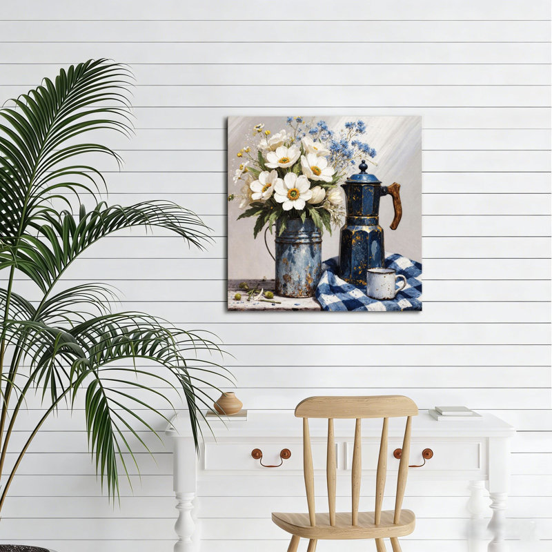 «Farmhouse Decor Vintage Coffee Pot & Wildflowers», art mural en bois 16 po x 16 po