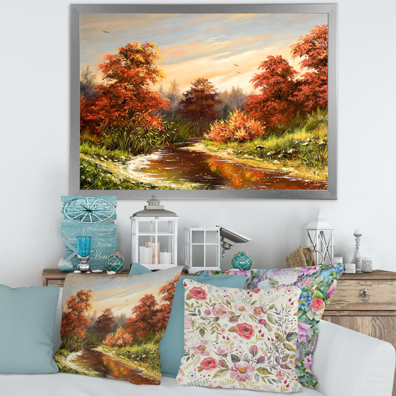 «The Wood River on a Decline in an Orange Autumn», peinture sur toile, H 24 po x l 32 po x P 1 po, Cadre photo argenté