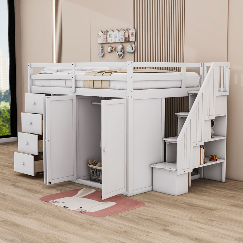 Lit mezzanine double avec tiroirs Jebidiah Kids, Blanc