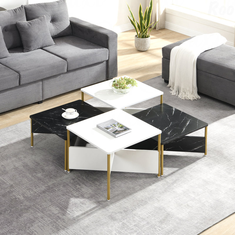 Ensemble de 4 tables basses gigognes Modern Mid Century Modern Square Free Shape,  Noir / blanc
