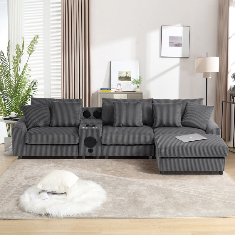 Canapé modulaire en L avec console 5 pièces Thalune, Velours côtelé gris foncé