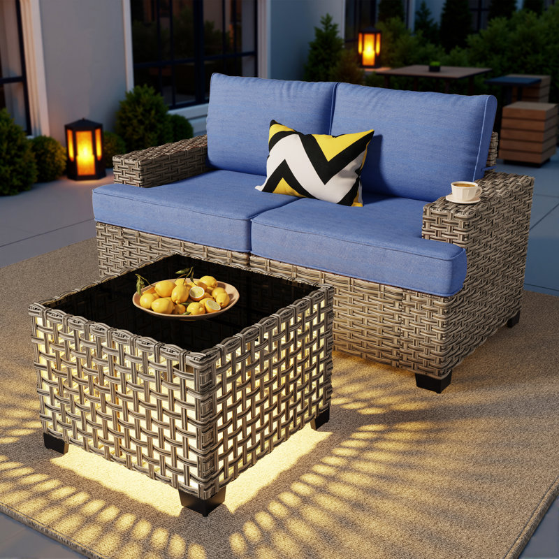Modern Outdoor Wicker Patio Sofa Set With Solar-Lit Coffee Table, Modular Seating & Wide Armrests For Backyard, Patio Or Garden