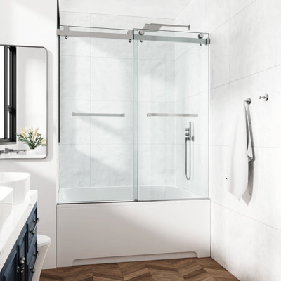 Porte de douche double coulissante de 76 po de largeur, 48 po de profondeur, verre trempé 3/8 po, nickel brossé en acier inoxydable, acier nickel optimisé pour l'espace 10 mm, aspect haut de gamme