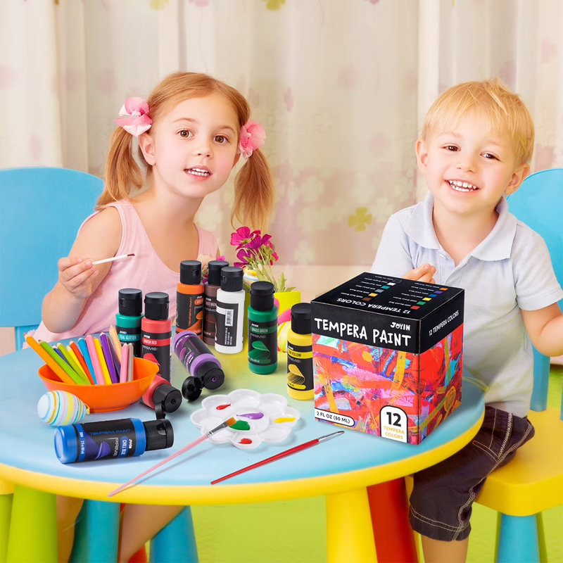 Ensemble de 12 peintures pour enfants lavables Tempera, 2 oz de peintures pour enfants, peinture pour affiche liquide avec 6 pinceaux, 2 palettes et 1 pot de peinture