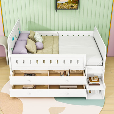 Full Wood Platform Bed With LED Light, 4 Drawers And Storage Stairs