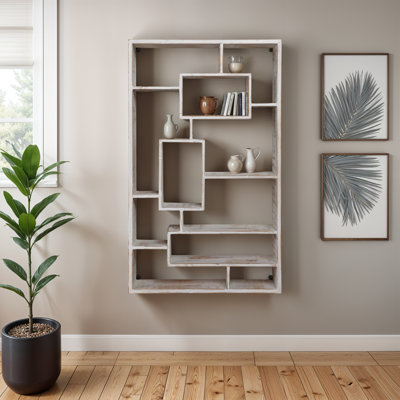 Wall Storage Wood Wall Shelf with Geometric Open Shelving, Modern Casual Home Decor, Sleek Asymmetrical Design, Versatile Decorative Display Organizer