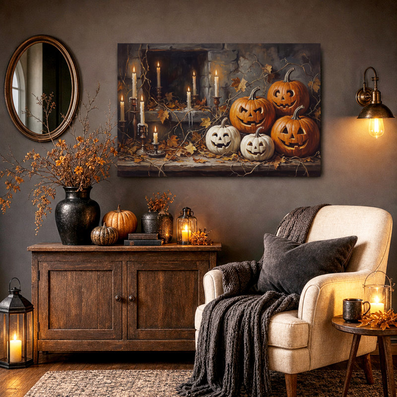 Art mural sur toile sculpté citrouilles orange et blanches avec bougies, H 32 po x l 48 po