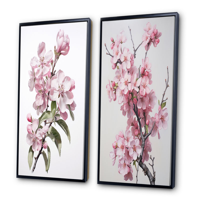 «Fleur de pommier monochromatique élégance XIII», 2 pièces sur toile, Cadre noir, H 32 po x l 32 po