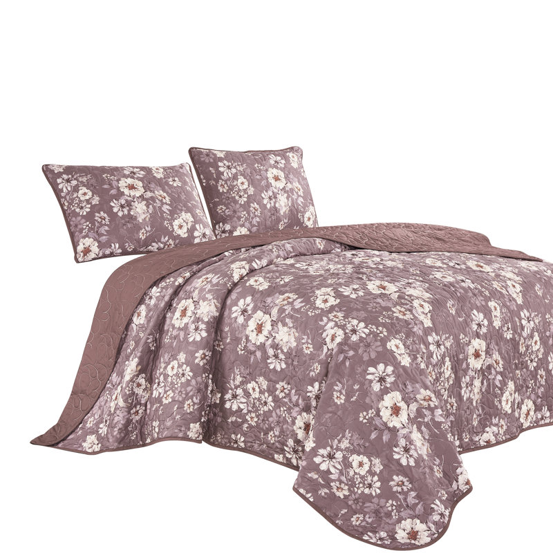 Couvre-lit réversible 3 pièces Menora, Floral mauve, Couvre-lit grand et 2 taies décoratives