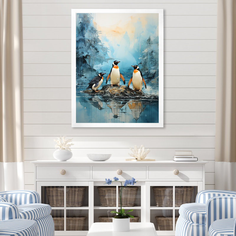 Pingouins antarctiques élégance IV sur toile, Cadre photo blanc, H 32 po x l 24 po x P 1 po