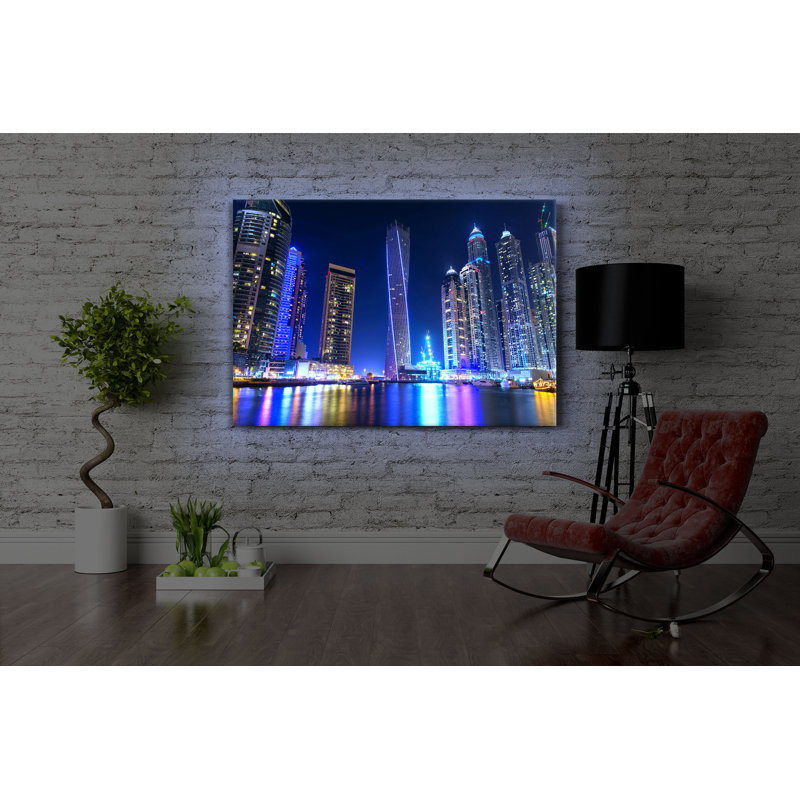 Dubai Marina Bay by No - Wrapped Canvas Print, With lighting, 40cm H x 60cm W x 4.5cm D