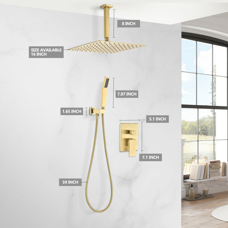 16" Complete Shower System with Rough-in Valve, Brushed Gold
