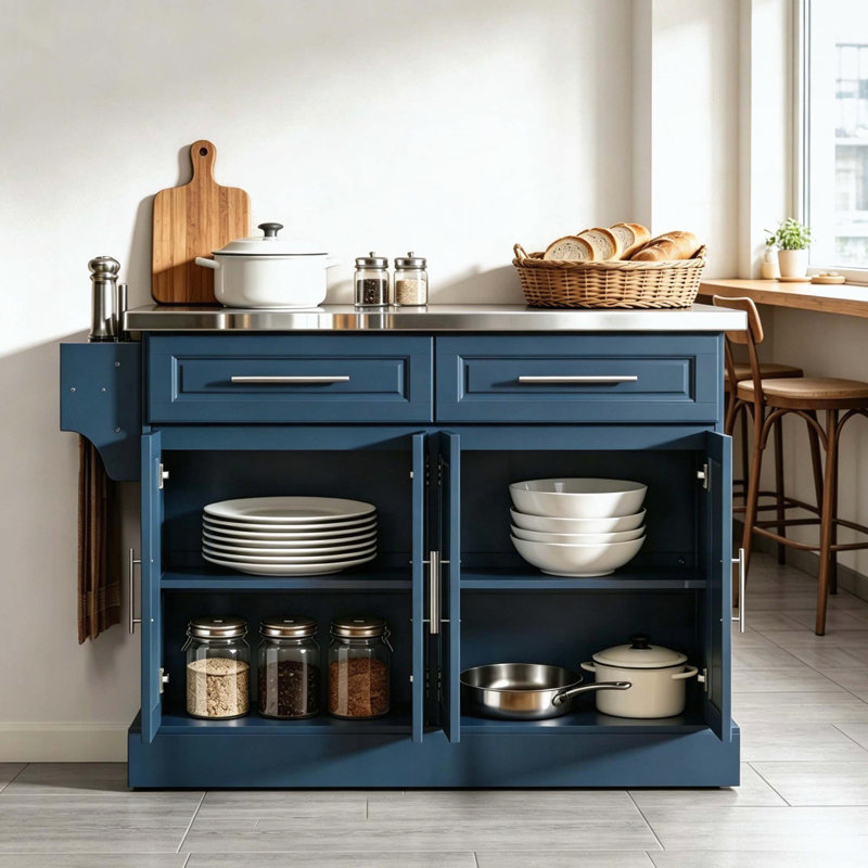 Chariot pour îlot de cuisine de style nordique avec plateau en acier inoxydable