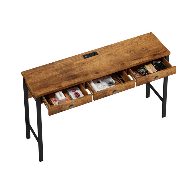 Ensemble de table de salle à manger 3 tiroirs avec prises de courant et 3 tabourets, Brun, Brown