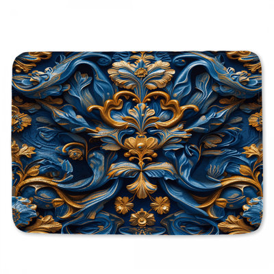 Blue Gold Baroque Pattern Bath Mat