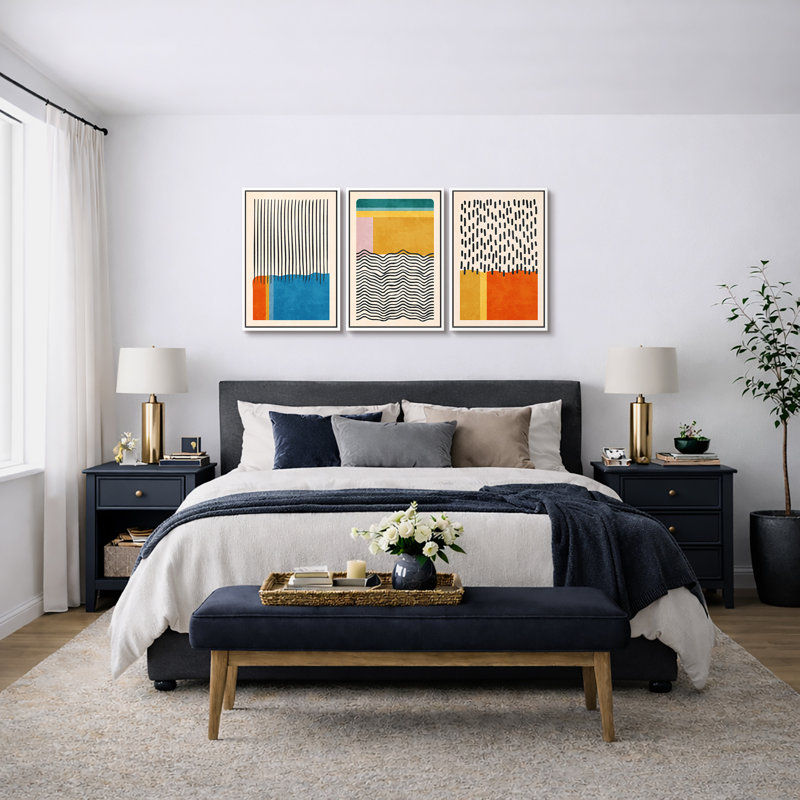 Abstract Vibrant Color Blocks "Mid-century Modern Colorful Blocks Artwork, Multicolor Geometric Wall Pictures, Large Framed Canvas Giclee Print 3 Pieces Wall Art Set"