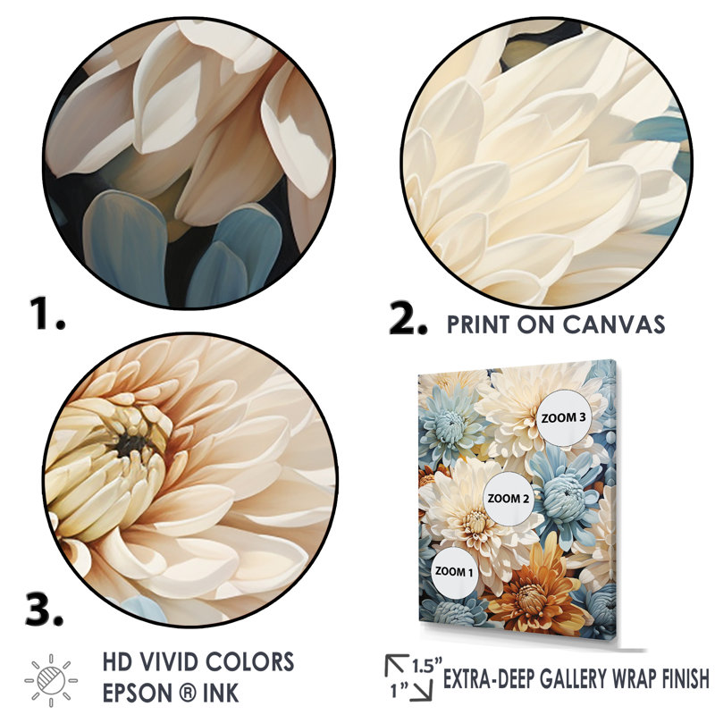 «Mums White and Blue Elegance III», reproduction sur toile, Cadre flottant blanc, H 44 po x l 34 po x P 1,5 po