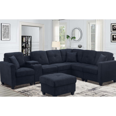 Canapé modulaire en microfibre à 7 poils longs bleu foncé doux avec deux porte-gobelets pour une stabilité à long terme