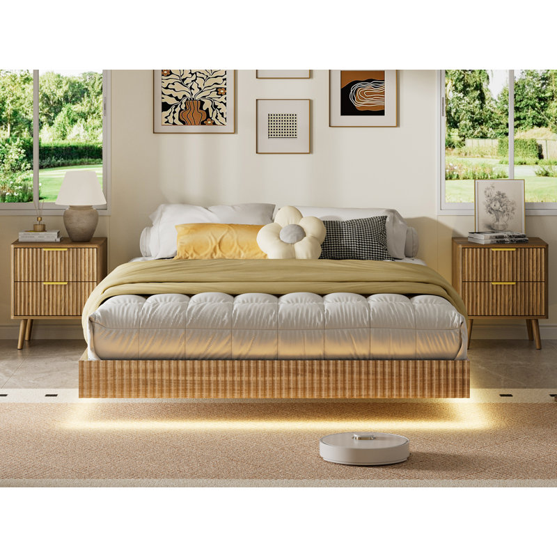 Ensemble de chambre à coucher 3 pièces, cadre de lit flottant cannelé pour grand lit et 2 tables de chevet, aucune tête de lit, aucun sommier nécessaire