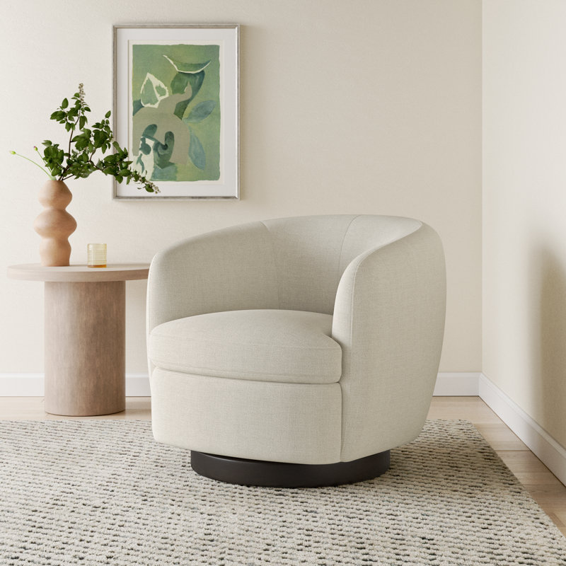 Marcy Upholstered Swivel Barrel Chair, Effie Linen Performance Linen