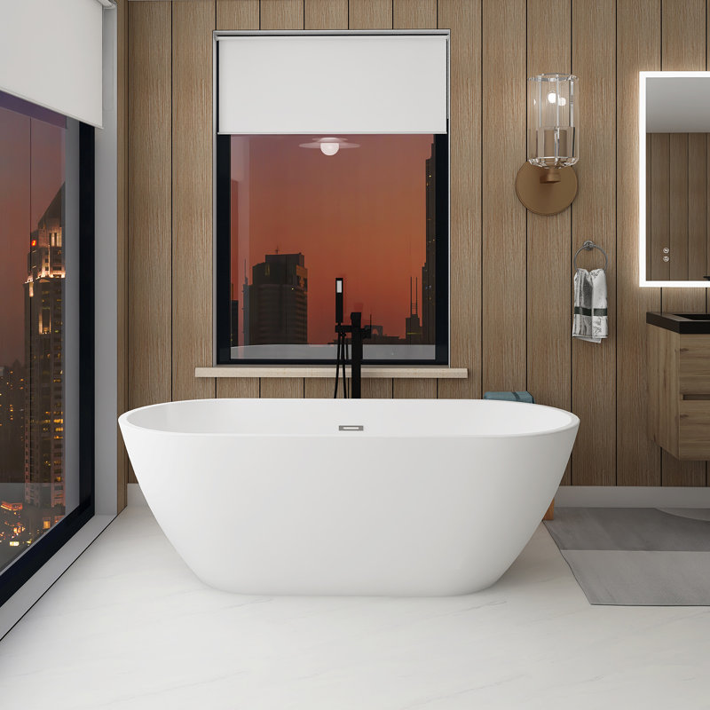 59" Freestanding Soaking Acrylic Bathtub In Gloss White