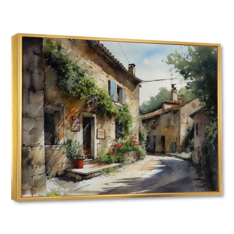 «Richaraj Mediterranean Village Street VI», reproduction sur toile, H 16 po x l 32 po x P 1 po, Cadre flottant doré
