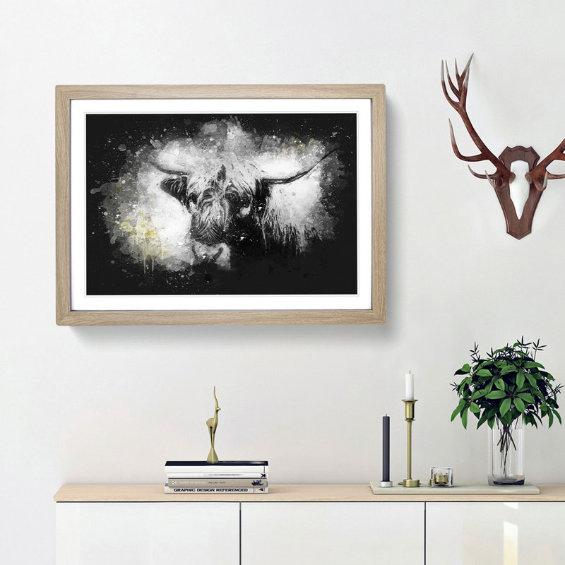 Paint Splattered Highland Cow Framed Print, Oak Framed, 33cm H x 45cm W x 2cm D