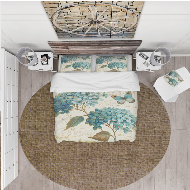 butterfly Blue Garden I - Farmhouse Duvet Cover Set - Microfiber Polyester, King Duvet Cover + 2 Shams