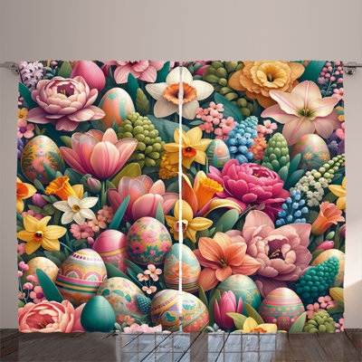 Ambesonne Curtains 2 Panel Set, Dreamy Easter Eggs Floral, Pale Pink Seafoam Mustard -  p_sd1952_108x108
