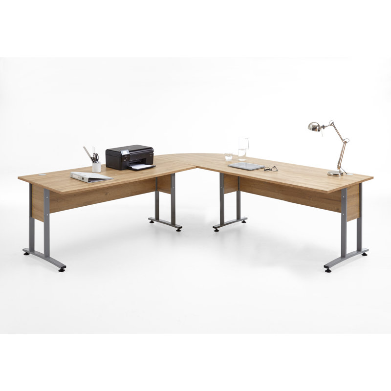Woolery L-Shaped Metal Base Writing Desk, Old oak, 75cm H x 240cm W x 240cm D