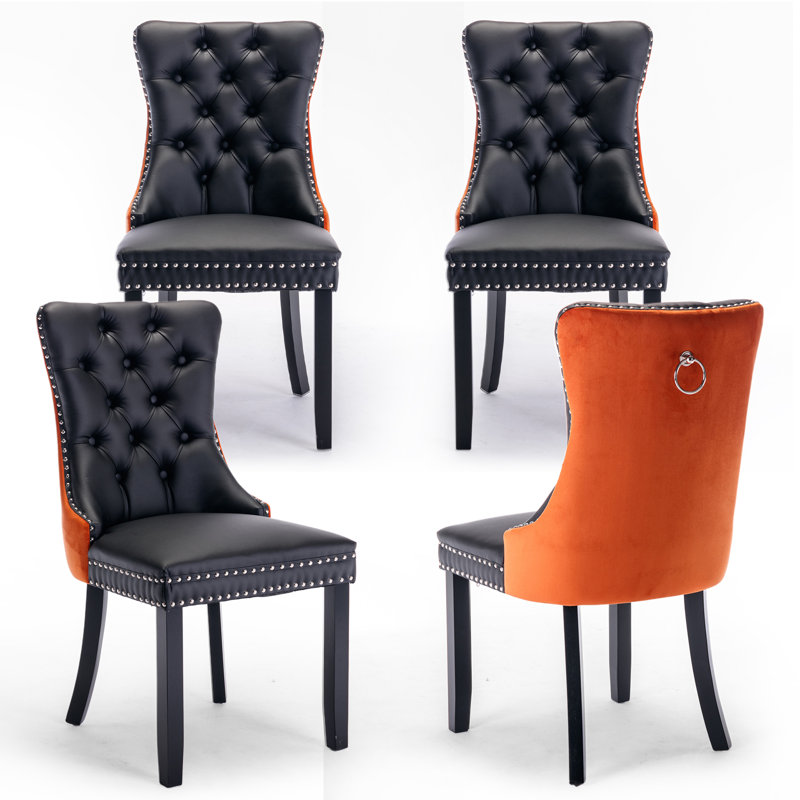 Ensemble de 4 chaises de salle à manger rembourrées en cuir et tissu noir / orange, Noir / Orange, Noir, noir, noir, noir