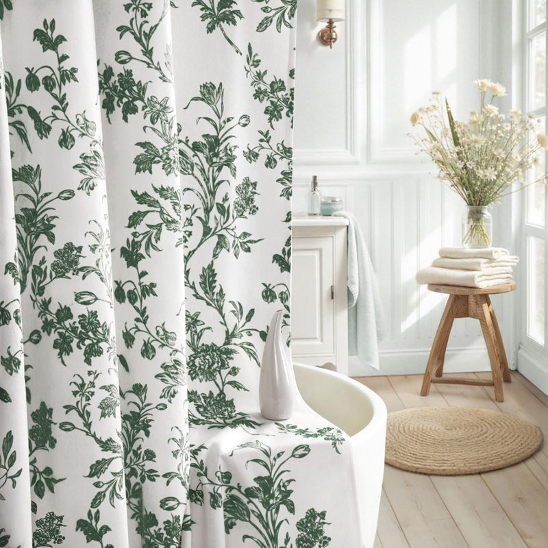 Rideau de douche vert floral, rideaux de douche Cottagecore en coton rétro pour salle de bain, l 72 po x L 72 po, Vert