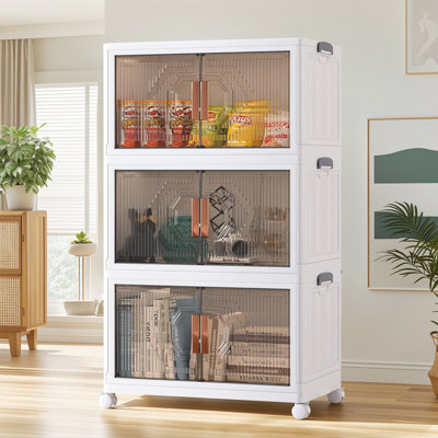 3 Pack Stackable Storage Bins Folding Organizer Boxes Collapsible Closet With Doors Wheels Lids