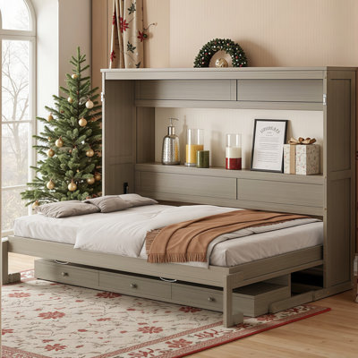 Queen Size Space-Saving Wall Murphy Bed with Vanity Desk & Storage Drawers - Foldable Cabinet Bed for Multi-Functional Rooms