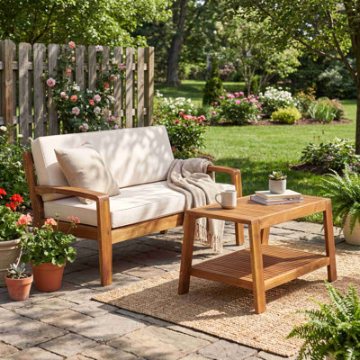 2-Piece Outdoor Teak Acacia Wood Conversation Set Loveseat Coffee Table with Beige Water-Resistant Cushions