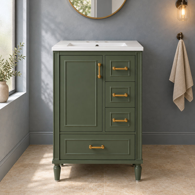 Meuble-lavabo de 61,2 cm (24,12 pouces) avec lavabo en céramique, fini vert olive, portes à fermeture douce, 3 tiroirs et poignées dorées – idéal pour les salles de bains.