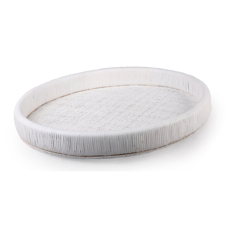 Large White Hand-Wrapped Rattan and Wood Tray