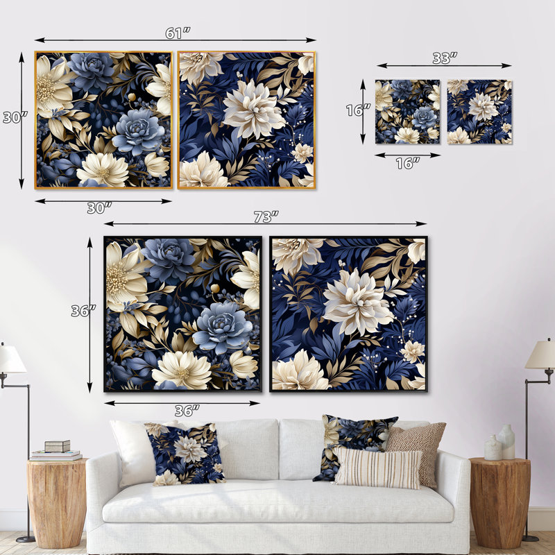 Vasbinder - Ensemble de 2 collages carrés floraux, Cadre flottant noir, H 16 po x l 33 po