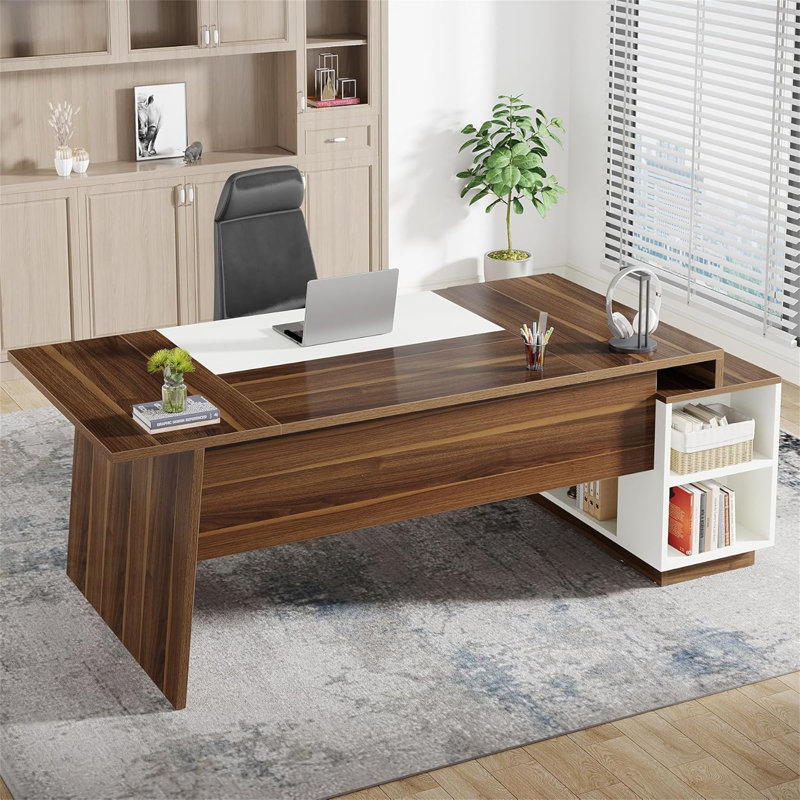 Bureau de direction en L 70,5 po avec armoire de rangement et tablettes (sans la chaise)