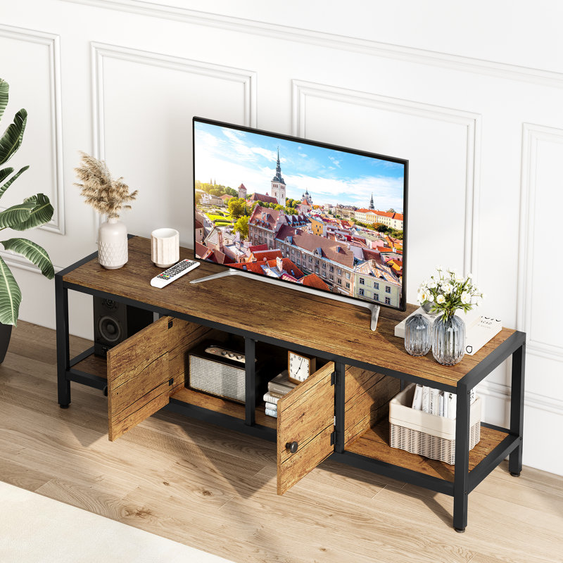 Meuble télé avec rangement pour téléviseurs de 75 po ou moins, centre de divertissement brun rustique avec armoires fermées et tablettes ouvertes