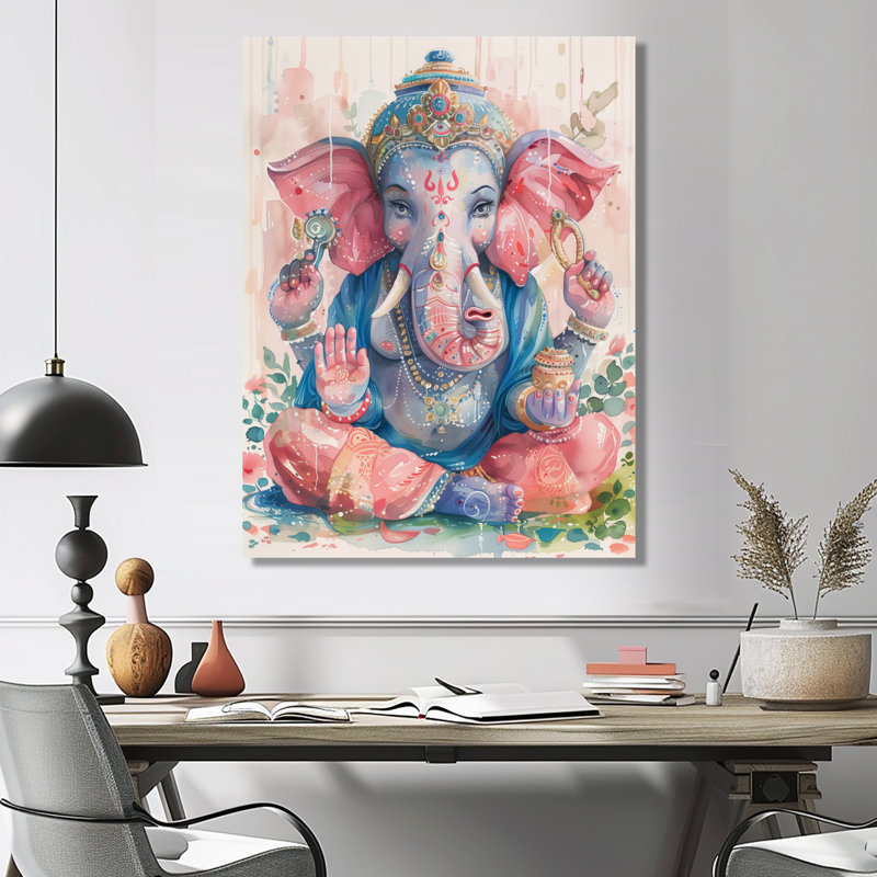 Rose, bleu, Inde, Ganesha II - Art mural indien, Toile tendue, H 30 po x l 40 po