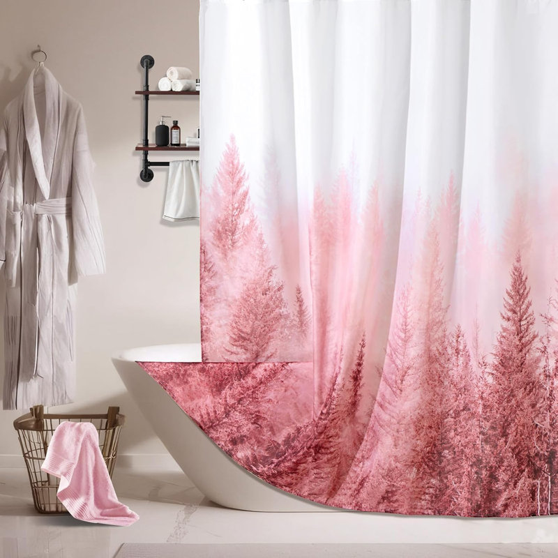 Ensemble de rideau de douche Misty Forest avec crochets - Rideau de salle de bain en polyester imperméable avec motif boisé naturel, ourlet lesté pour plus d'intimité