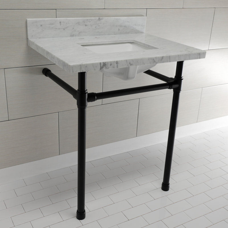 Kingston Brass Dreyfuss 30-Inch Carrara Marble Vanity Top with Stainless Steel Legs (8-Inch, 3-Hole), Matte Black