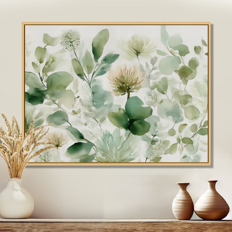«Watercolor Greenery Sage Watercolor - Plants», impression sur toile botanique verte, H 16 po x l 32 po, Cadre flottant