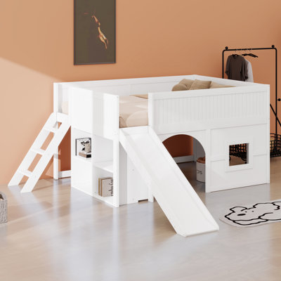 Wooden Low Loft Bed With Storage Shelves And Slide,Door And Window Design