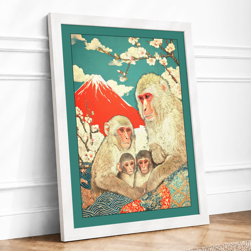 Monkeys in Winter Snow Japandi 1 Piece Single Picture Frame Wall Art, A4 - 29.7 x 21.0 cm, White
