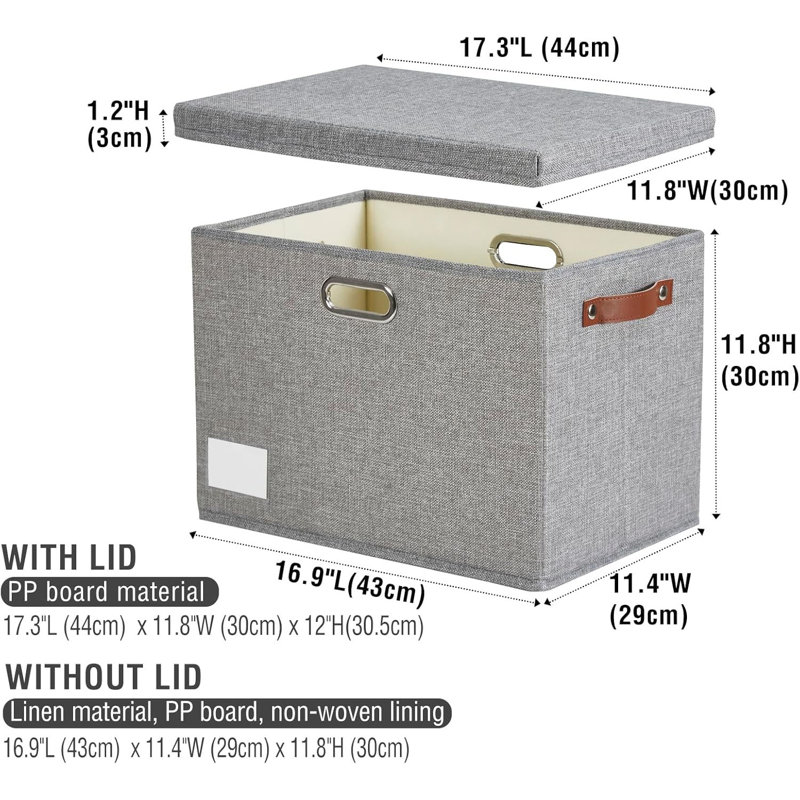 3 Pack 17 Inch Collapsible Storage Bins with Lids Stackable Fabric Organizer Boxes with PU Handle and Label Gray for Bedroom Closet Office Nursery